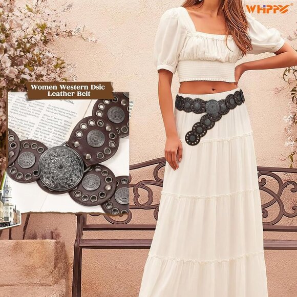 Women Vintage Disc Waist Concho Leather Belt Boho Waist Belt Coffee Black Buckle main image 6